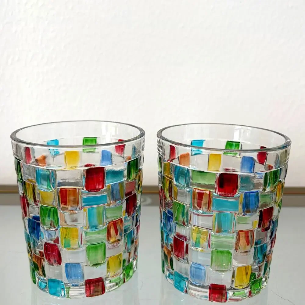 NEW Hand Painted Italian Crystal Whiskey Glasses 2pc 10oz Colorful Mosaic